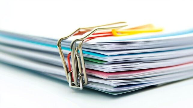 A stack of worksheets clipped together with a paper clip, transparent background for easy overlay.