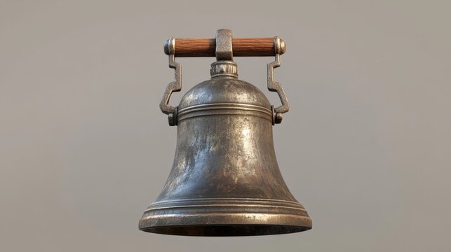 A traditional school bell with a wooden handle and metal dome, ringing on a transparent background.