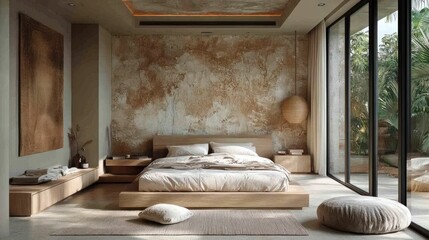 Modern minimalist bedroom with natural elements and large windows.