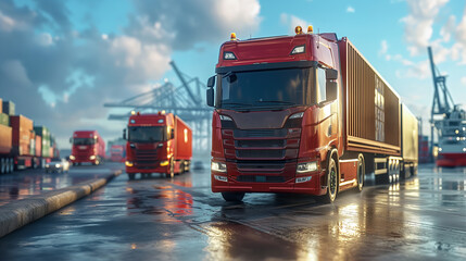 Fototapeta premium Dynamic image of a red semi truck driving through a shipping port on a rainy day, surrounded by cargo containers.