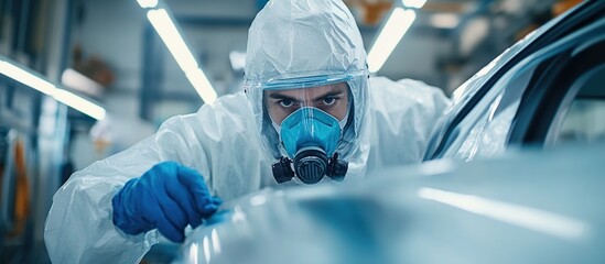 A Man in Protective Gear Inspects a Car. Auto Shop Painter In Protective Work Clothes And Respirator Painting Car Body In Paint Room. Generate Ai Image