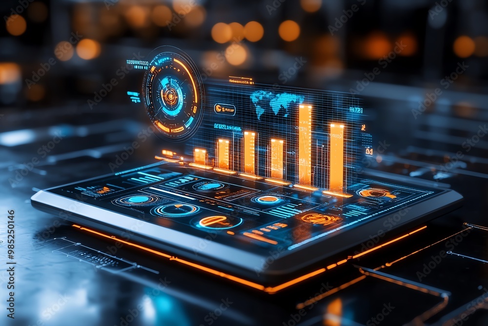 Aufkleber futuristic business report, with glowing charts and bar graphs floating above a sleek digital interf