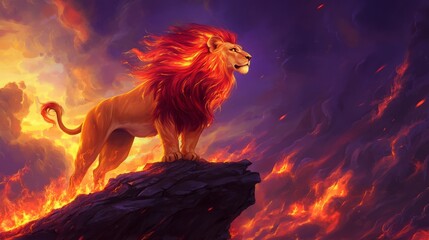 Majestic Lion in Fiery Landscape