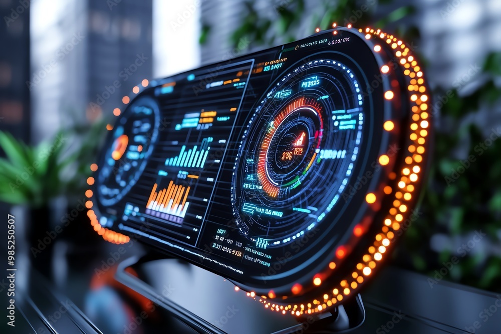 Aufkleber Futuristic dashboard interface, showing business growth metrics and accelerator performance with glowing graphs