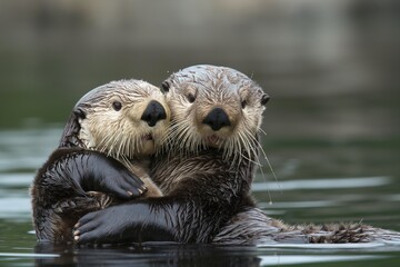 Two sea otters hug each other in a lake. Otters are mammals, marine animals, with soft fur and cute faces. They swim in the water, surrounded by a calm lake environment.