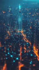 Fototapeta premium A futuristic cityscape illuminated by network connections and digital elements.