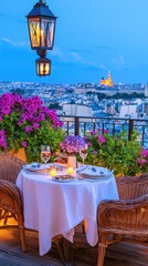 Charming outdoor dining setup with flowers and city view, perfect for a romantic evening or special occasion.