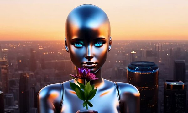 A sleek, silver-skinned woman AI humanoid robot with glowing blue eyes, standing in a futuristic cityscape at sunset