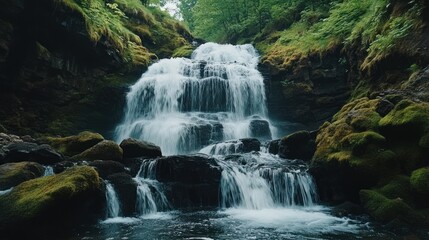Naklejka premium Serene Waterfall in a Lush Forest