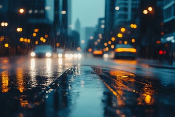 Obraz premium Rainy night city street with bokeh lights and reflections. Abstract city background photo