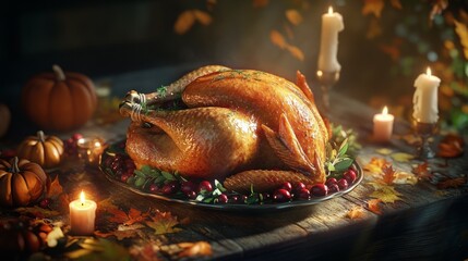 "Thanksgiving Feast with Roasted Turkey and Seasonal Decor"