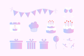 Gradient birthday party set. Holiday celebration, event, festival concept. Flat decorative vector design isolated illustration.
