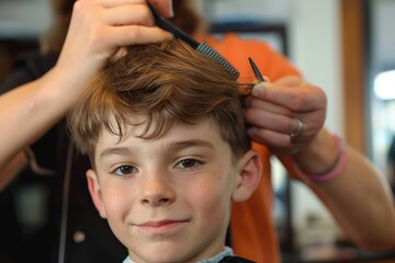 Fototapeta premium Young Caucasian boy sits in barber chair. Fresh haircut, mullet style. Boy relaxes, closes eyes. Barber works on hair, cut, coiffure. Stylish, attractive model. Lifestyle, face, fashion, style.