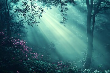 Obraz premium Mystical Forest with Fog, Sunbeams, and Pink Flowers