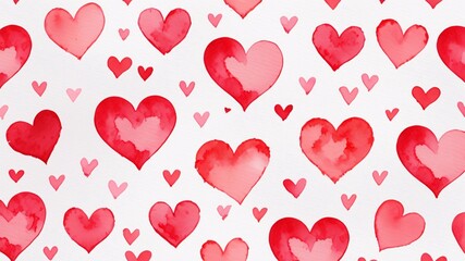 Watercolor Red Hearts Seamless Pattern.