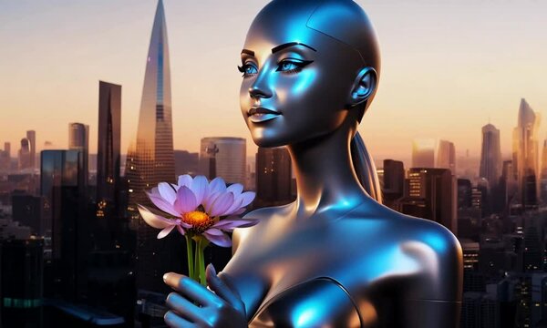 A sleek, silver-skinned woman AI humanoid robot with glowing blue eyes, standing in a futuristic cityscape at sunset