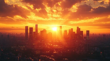 Cityscape Silhouette with Sun Setting Behind Buildings