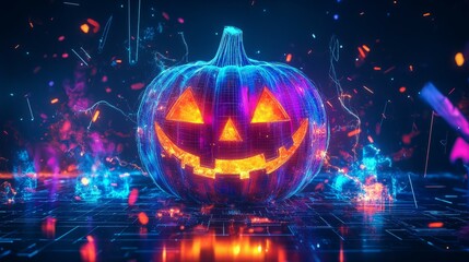 A glowing, digital jack-o-lantern with a friendly grin.