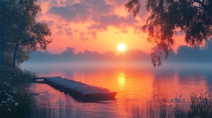 Obraz premium Serene lakeside sunset with reflections and misty atmosphere.
