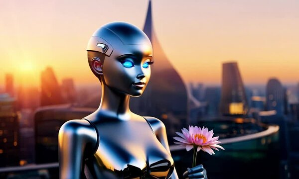 A sleek, silver-skinned woman AI humanoid robot with glowing blue eyes, standing in a futuristic cityscape at sunset