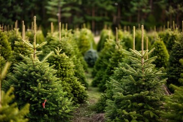 Christmas tree farm with many trees in rows. Trees are tall, decorated with lights, in a rich forest. Clear blue sky, natural light highlights tree colors. Dense packing creates depth and scale.