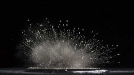 Dust particles react to strong neodymium magnet magnetic field on black background. Close-up of dust, magnet, and dark space. Magnetic force, texture, and dust movement.