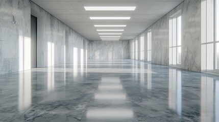 A spacious, modern interior with marble walls and reflective floors, illuminated by natural light.