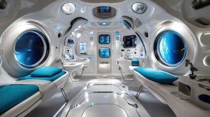 Fototapeta premium Futuristic interior of a spacecraft or research pod with sleek design and large viewing windows.
