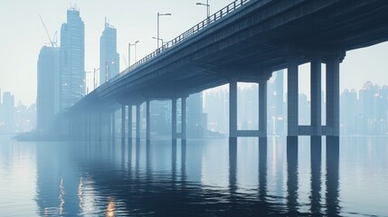 Fototapeta premium A misty urban landscape featuring a bridge and skyscrapers reflected in calm water.