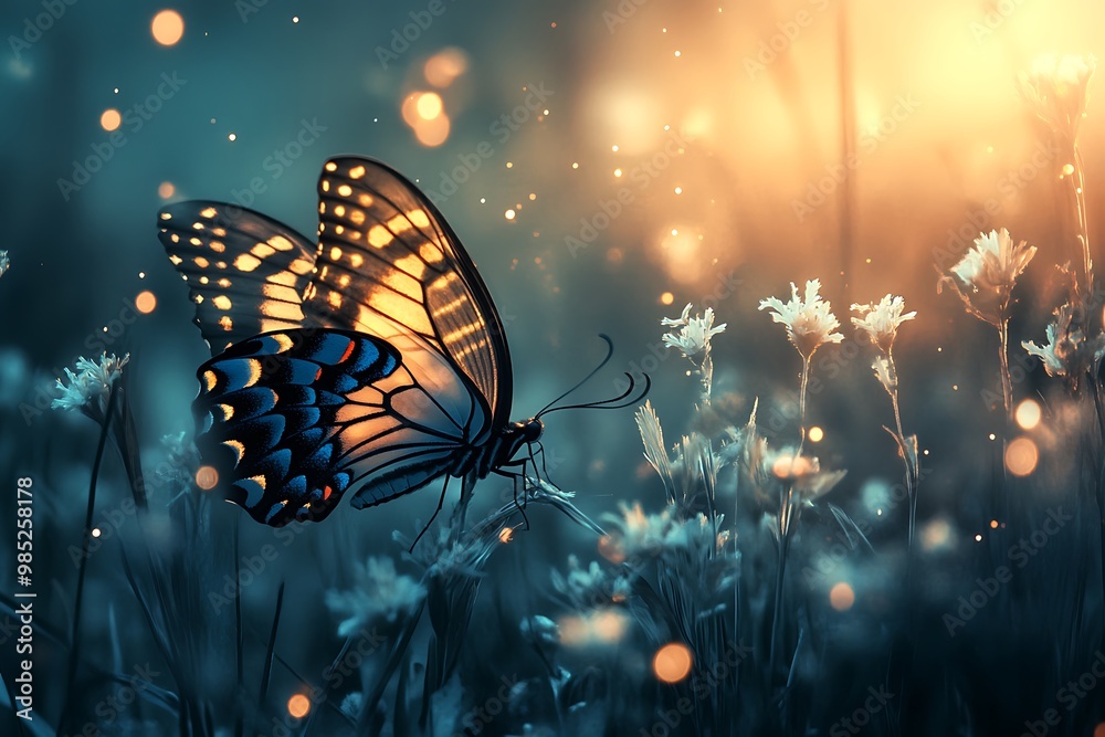 Sticker Magical Butterfly with Glowing Wings on a Flower in a Dreamy Forest