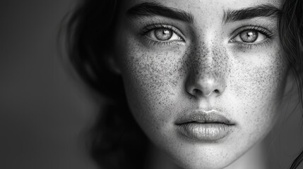 Fototapeta premium Close-up black and white portrait of a woman with freckles.