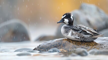 Obraz premium A Duck Perched on a Rock in the Rain