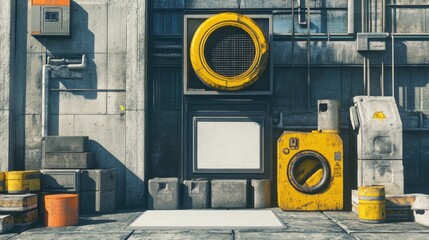 Obraz premium A detailed industrial scene featuring machinery and containers against a concrete wall.