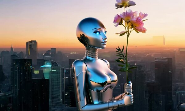 A sleek, silver-skinned woman AI humanoid robot with glowing blue eyes, standing in a futuristic cityscape at sunset