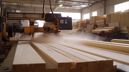 A woodworking machine cutting planks in a workshop, creating sawdust.