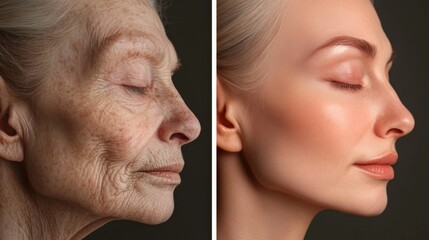 This image showcases a side-by-side comparison of skin texture, highlighting the differences between aged and youthful skin, emphasizing transformation over time.