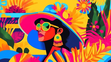 Vibrant artwork featuring tropical foliage and flowers, showcasing a stylish figure in a large hat with bright, lively colors that create a joyful and energetic atmosphere.