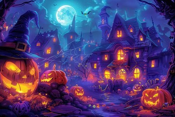 A Halloween themed painting of a town with a witch's hat on a building