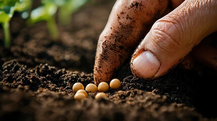 Close-up of a hand planting seeds in rich soil.