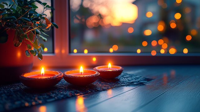 Cozy indoor setting with glowing diyas arranged on a windowsill, and soft-focus Diwali lights outside