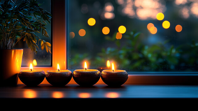 Cozy indoor setting with glowing diyas arranged on a windowsill, and soft-focus Diwali lights outside