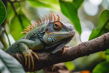 Fototapeta premium Green iguana lizard perched on branch in rainforest