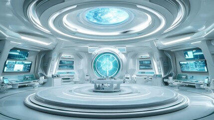 A futuristic control room with advanced technology and a view of Earth.
