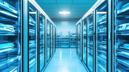 A corridor of glass-fronted refrigerators displaying various products in a cool, modern setting.
