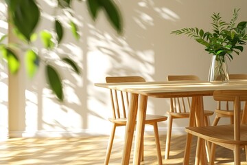 A modern, minimalist dining area featuring wooden furniture and natural light filtering through leaves, creating a serene atmosphere.