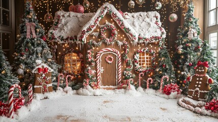 Christmas backdrop with festive decorations surrounding a gingerbread house for a charming touch
