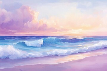 A serene ocean scene featuring gentle waves under a colorful sky at sunset, evoking tranquility and natural beauty.