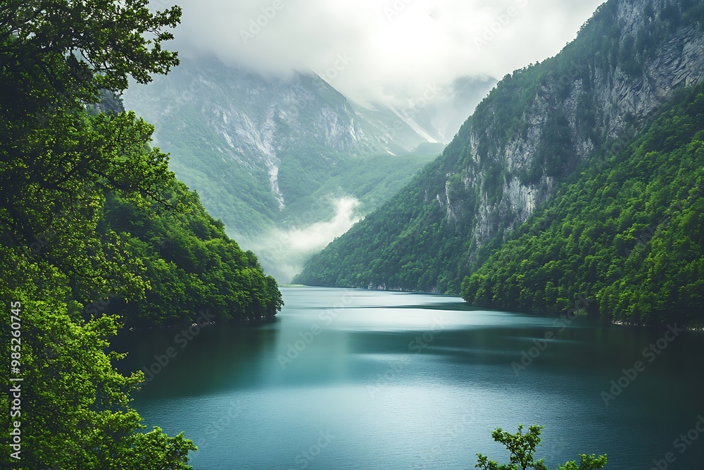 Canvas Prints Serene Mountain Lake Landscape with Mist and Green Trees