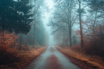 Fototapeta premium Misty Forest Road in Autumn, Foggy Landscape with Tall Trees and Path