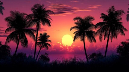 A vibrant tropical sunset scene with the sun setting behind palm trees, casting a warm orange and pink glow across the sky, evoking feelings of peace and relaxation.